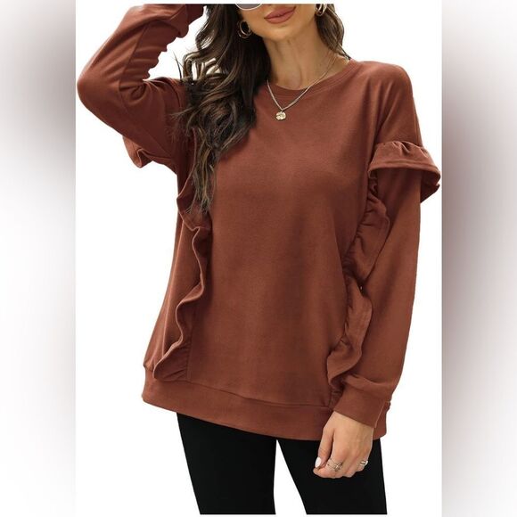 Sweaters - Long Sleeve Brown Sweater with ruffles. Size small.